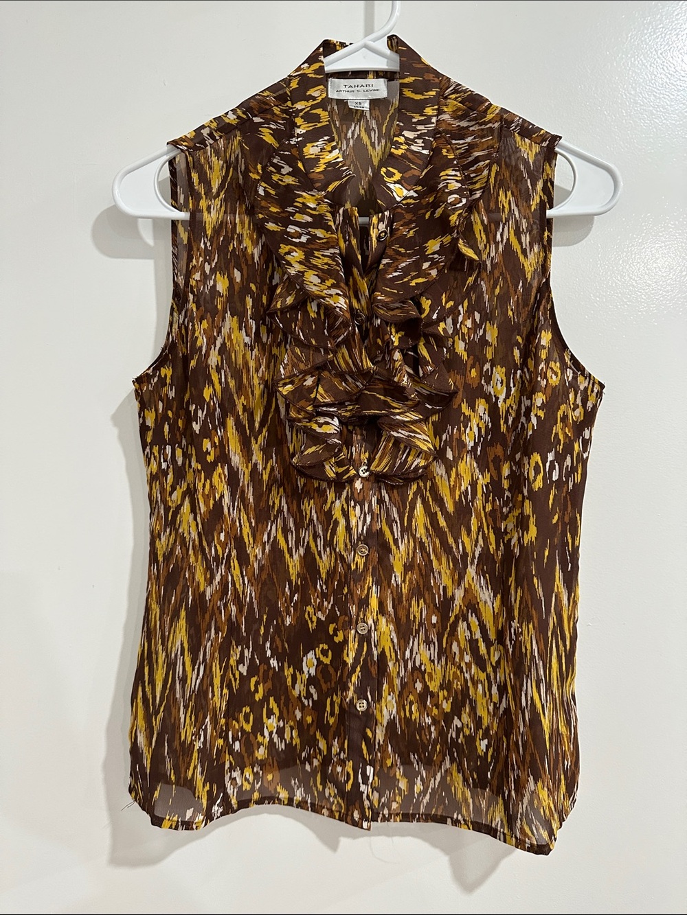 Tahari ASL Brown and Yellow Floral-Print Ruffle V-Neck Sleeveless Camisole